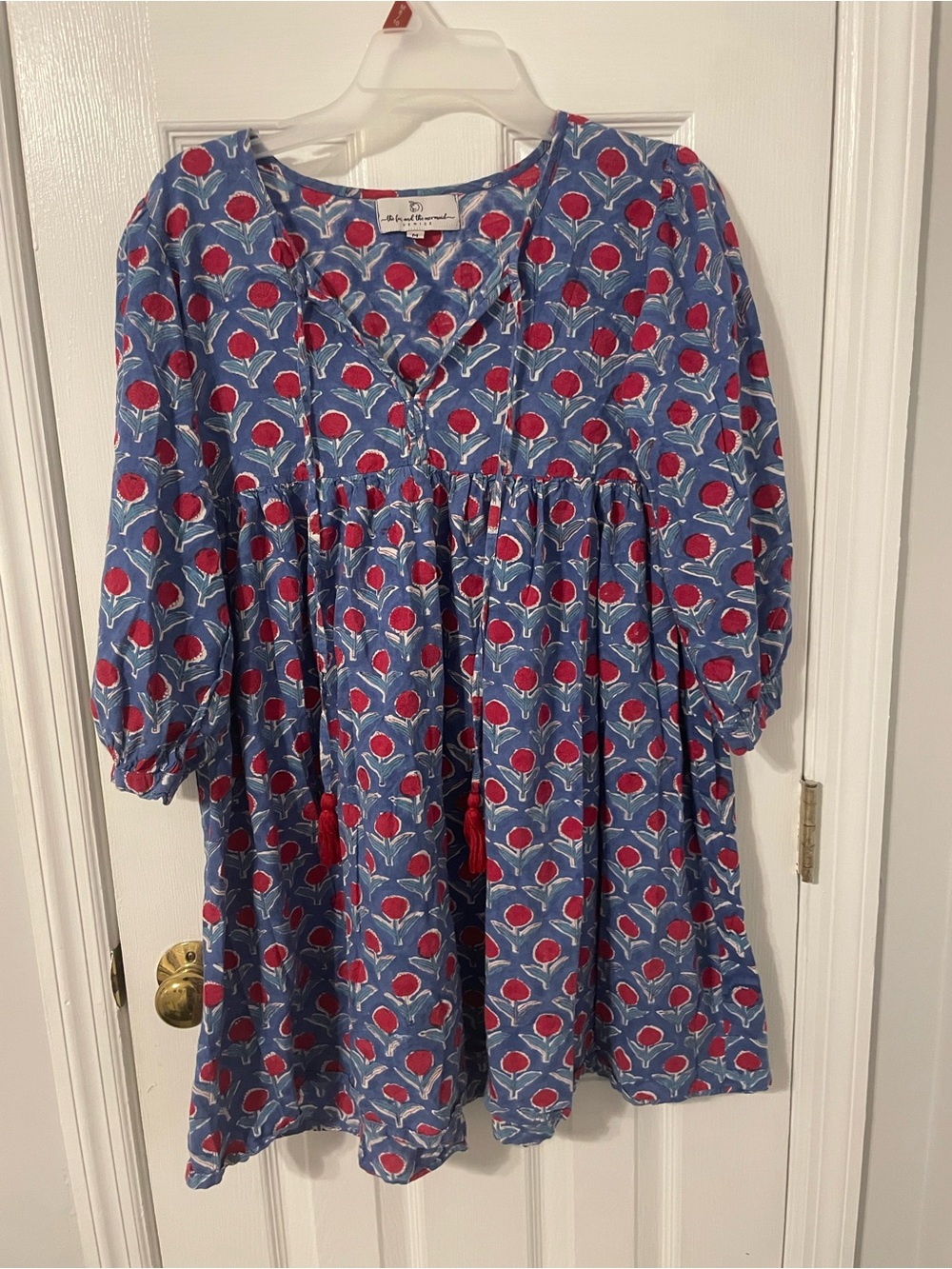 The Fox and the Mermaid Blue and Red Rose Print Dress Size Medium